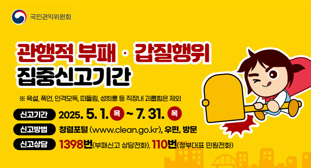 관행적 부패·갑질행위 집중신고기간
※욕설,폭언,인격모독,따돌림,성희롱 등 직장내 괴롭힘은 제외
신고기간:2025.5.1.(목)~7.31.(목)
신고방법:청렴포털(www.clean.go.kr),우편,방문
신고상담:1398번(부패신고 상담전화), 110번(정부대표 민원전화)
국민권익위원회