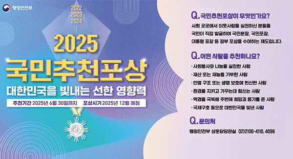 행정안전부
2022,2023,2024,2025 국민추천포상
대한민국을 빛내는 선한 영향력
추천기간 : 2025년 6월 30일까지
포상시기 : 2024년 12월 예정
Q.국민추천포상이 무엇인가요?
- 사회 곳곳에는 이웃사랑을 실천하신 분들을 국민이 직접 발굴하여 국민훈장, 국민포장, 대통령 표창 등 정부 포상을 수여하는 제도입니다.
Q.어떤 사람을 추천하나요?
- 사회봉사와 나눔을 실천한 사람
- 재산 또는 재능을 기부한 사람
- 인명 구조 또는 생명 보호에 헌신한 사람
- 환경을 지키고 가꾸는데 힘쓰는 사람
- 역경을 극복해 주변에 희망과 용기를 준 사람
- 국제구호 등으로 대한민국을 빛낸 사람
Q.문의처
- 행정안전부 상훈담당관실 02)2100-4110,4096