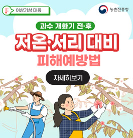 이상기상대응
농촌진흥청
과수 개화기 전·후 저온·서리 대비 피해예방법
자세히보기