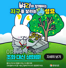 벼리와 함께하는 지구를 살리는 성묘
이제부터 성묘에는
조화 대신 생화를!
플라스틱으로 힘들어 하는 지구를 위해
조화(플라스틱 꽃사용근절에 우리 모두 동참해주세요.
경상남도
자세히보기