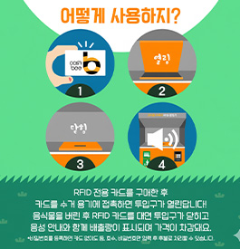 어떻게 사용하지?
RFID 전용 카드를 구매한 후
카드를 수거 용기에 접촉하면 투입구가 열린답니다!
음식물을 버린 후 RFID 카드를 대면 투입구가 닫히고
음성 안내와 함께 배출량이 표시되며 가격이 차감돼요.
*비밀번호를 등록하면 카드 없이도 동, 호수, 비밀번호만 입력 후 후불로 처리할 수 있습니다.