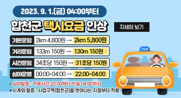 2023. 9. 1.(금) 04:00부터 합천군 택시요금 인상