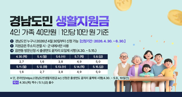 경남도민 생활지원금
4인가족 40만원 ㅣ 1인당 10만원 기준
! 경남도민 누구나 2026년 4월 30일부터 신청 가능[신청기간 : 2026. 4. 30. ~ 6. 30.]
! 지원금은 주소지 관할 시 . 군 내에서만 사용
-> 읍면동 방문신청 시 출생연도 끝자리 요일제 시행(4.30. ~ 5.15.)
4.30.(목) 2,7 / 5.4.(월) 1,6 / 5.6.(수) 3,8 / 5.7.(목) 4,9 / 5.8.(금) 5,0
/ 5.11.(월) 1,6 / 5.12.(화) 2,7 / 5.13.(수) 3,8 / 5.14.(목)4,9 / 5.15.(금) 5,0
*단, 온라인(https://경남도민생활지원금.kr) 신청은 출생연도 끝자리 홀짝제 시행(4.30. ~ 5.9., 10일간)
예시)4.30.(목) 짝수 / 5.1.(금) 홀수