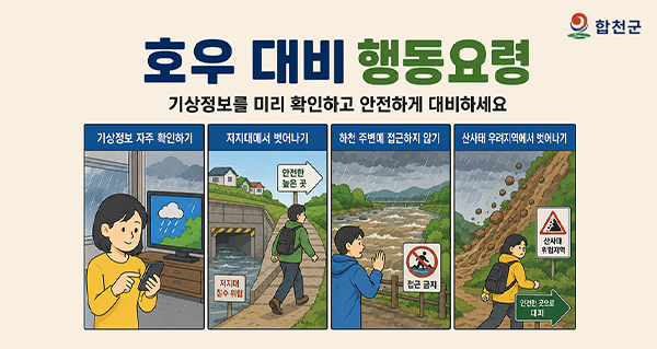 합천군
호우 대비 행동 요령
기상정보를 미리 확인하고 안전하게 대비하세요
기상정보 자주 확인하기
저지대에서 벗어나기
하천 주변에 접근하지 않기
산사태 우려지역에서 벗어나기