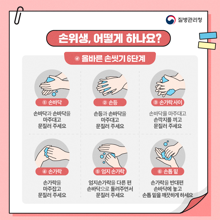 손위생, 어떻게 하나요? 올바른 손씻기 6단계
1.손바닥-손바닥과 손바닥을 마주대고 문질러 주세요
2.손등-손등과 손바닥을 마주대고 문질러 주세요
3.손가락 사이-손바닥을 마주대고 손깍지를 끼고 문질러 주세요
4.손가락-손가락을 마주잡고 문질러 주세요
5.엄지 손가락-엄지손가락을 다른 편 손바닥으로 돌려주면서 문질러 주세요
6.손톱 밑-손가락을 반대편 손바닥에 놓고 손톱 밑을 깨끗하게 하세요