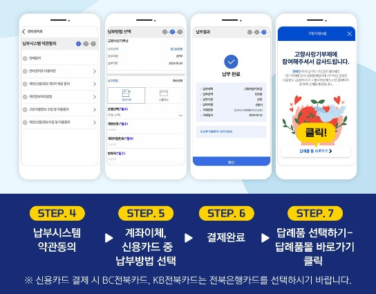 STEP.4 납부시스템 약관동의 → STEP.5 계좌이체, 신용카드 중 납부방법 선택 → STEP.6 결제완료 → STEP.7 답례품 선택하기-답례품몰 바로가기 클릭
※ 신용카드 결제 시 BC전북카드, KB전북카드는 전북은행카드를 선택하시기 바랍니다.