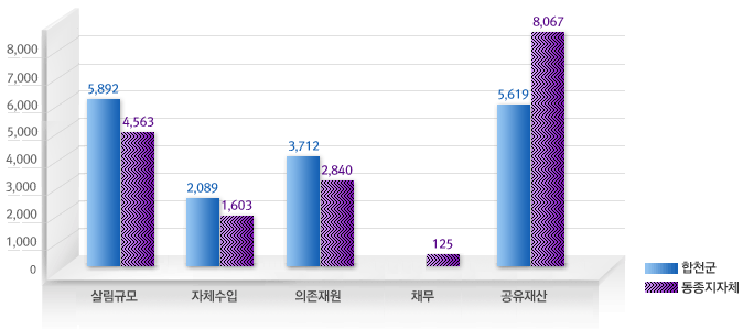 살림규모-합천군:5,892억원, 동종지자체:4,563억원, 자체수입-합천군:2,089억원, 동종지자체:1,603억원, 의존재원-합천군:3,712억원, 동종지자체:2,840억원, 채무: 동종지자체:125억원, 공유재산-합천군:5,619억원, 동종지자체:8,067억원을 나타낸 막대그래프