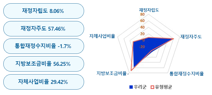 재정자립도 8.06%, 재정자주도 57.46%, 통합재정수지비율 –1.7%, 지방보조금비율 56.25%, 자체사업비율 29.42%