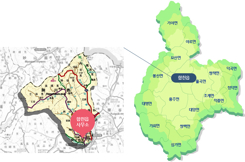 합천군지도(합천읍, 봉산면, 묘산면, 가야면,야로면,율곡면,초계면,쌍책면,덕곡면, 청덕면,적중면,대양면,쌍백면,삼가면,가회면,대병면,용주면)에서 합천읍 사무소, 합천읍 행정지도와 합천군 지도