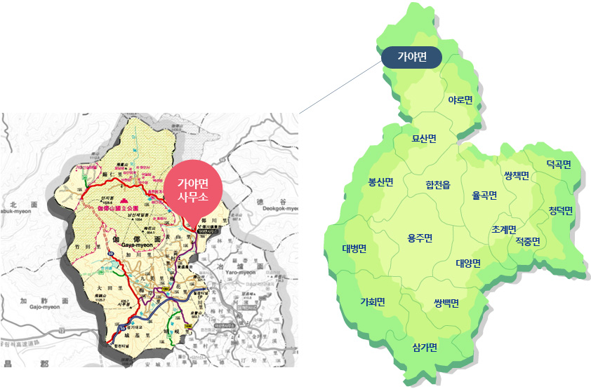 합천군지도(합천읍, 봉산면, 묘산면, 가야면,야로면,율곡면,초계면,쌍책면,덕곡면, 청덕면,적중면,대양면,쌍백면,삼가면,가회면,대병면,용주면)에서 가야면사무소 행정지도