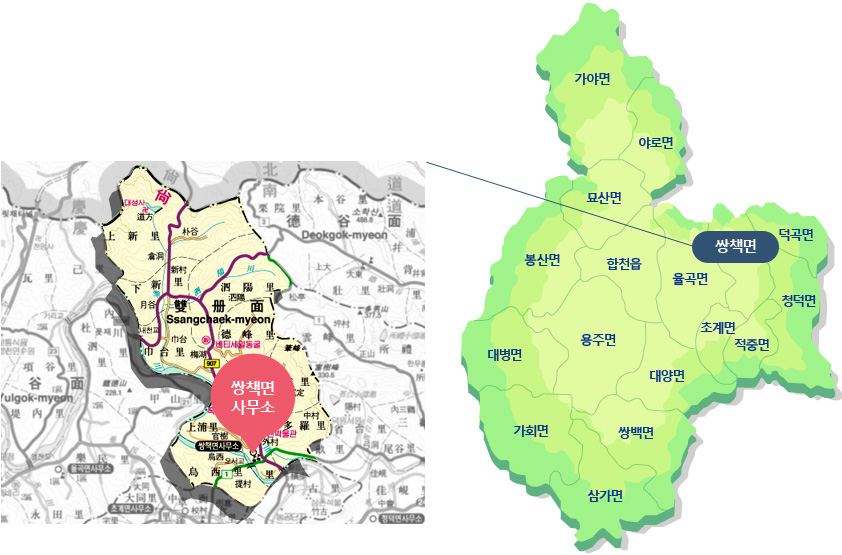 합천군지도(합천읍, 봉산면, 묘산면, 가야면,야로면,율곡면,초계면,쌍책면,덕곡면, 청덕면,적중면,대양면,쌍백면,삼가면,가회면,대병면,용주면)에서 쌍책면 사무소와  행정지도