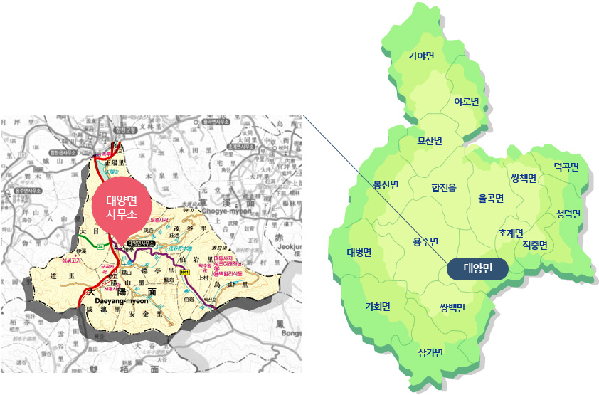 합천군지도(합천읍, 봉산면, 묘산면, 가야면,야로면,율곡면,초계면,쌍책면,덕곡면, 청덕면,적중면,대양면,쌍백면,삼가면,가회면,대병면,용주면)에서 대양면 사무소와 행정지도