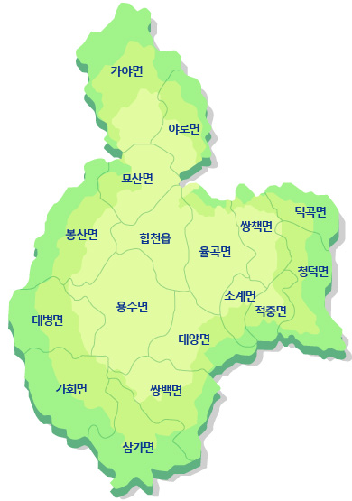 합천읍 행정구역-합천읍, 봉산면, 묘산면, 가야면,야로면,율곡면,초계면,쌍책면,덕곡면, 청덕면,적중면,대양면,쌍백면,삼가면,가회면,대병면,용주면