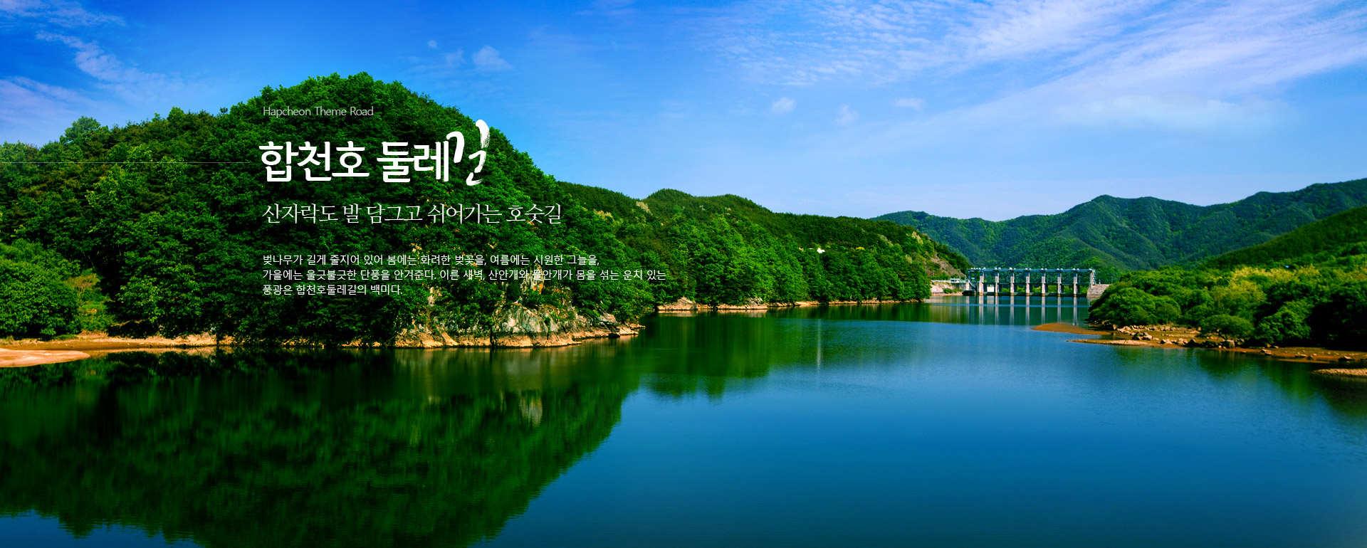 Hapcheon Theme Road 05. 합천호 둘레길. 산자락도 발 담그고 쉬어가는 호숫길. 벚나무가 길게 줄지어 있어 봄에는 화려한 벚꽃을, 여름에는 시원한 그늘을, 가을에는 울긋불긋한 단풍을 안겨준다. 이른 새벽, 산안개와 물안개가 몸을 섞는 운치 있는 풍광은 합천호둘레길의 백미다.