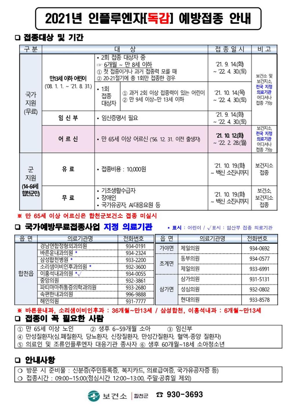 2021년 인플루엔자[독감] 예방접종 안내