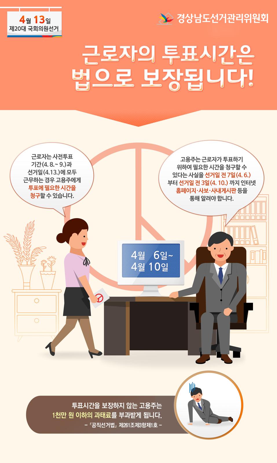 4월8일에서 9일 사전투표기간 및 투표당일 모두 근무하는경우 투표시간을 청구할 수 있고 고용주는 알려야 합니다