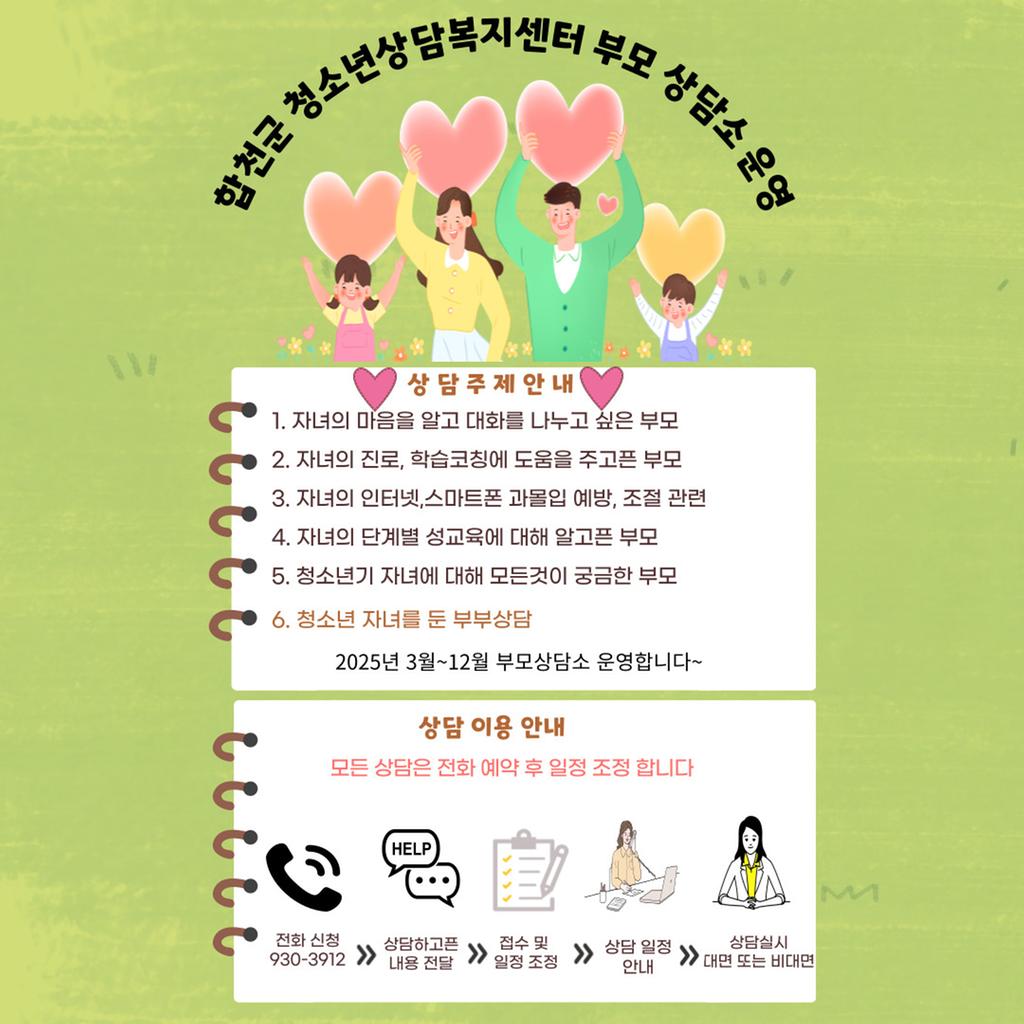 합천군 청소년상담복지센터 부모 상담소 운영 상담주제안내 1. 자녀의 마음을 알고 대화를 나누고 싶은 부모 2. 자녀의 진로, 학습코칭에 도움을 주고픈 부모 3. 자녀의 인터넷, 스마트폰 과몰입 예방, 조절 관련 4. 자녀의 단계별 성교육에 대해 알고픈 부모 5. 청소년기 자녀에 대해 모든것이 궁금한 부모 6. 청소년 자녀를 둔 부부상담 2025년 3월~12월 부모상담소 운영합니다~ 상담 이용 안내 모든 상담은 전화 예약 후 일정 조정 합니다 전화 신청 930-3912>상담하고픈 내용 전달>접수 및 일정 조정>상담 일정 안내>상담실시 대면 또는 비대면