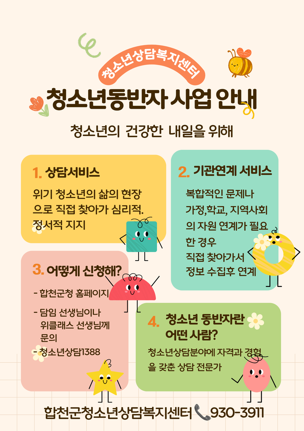 청소년상담복지센터 청소년동반자 사업 안내 청소년의 건강한 내일을 위해 1. 상담서비스 위기 청소년의 삶의 현장으로 직접 찾아가 심리적.정서적 지지 2. 기관연계 서비스 복합적인 문제나 가정, 학교, 지역사회의 자원 연계가 필요한 경우 직접 찾아가서 정보 수집후 연계 3. 어떻게 신청해? 합천군청 홈페이지, 담임 선생님이나 위클래스 선생님께 문의, 청소년상담1388 4. 청소년 동반자란 어떤 사람? 청소년상담분야에 자격과 경험을 갖춘 상담 전문가 합천군청소년상담복지센터 930-3911